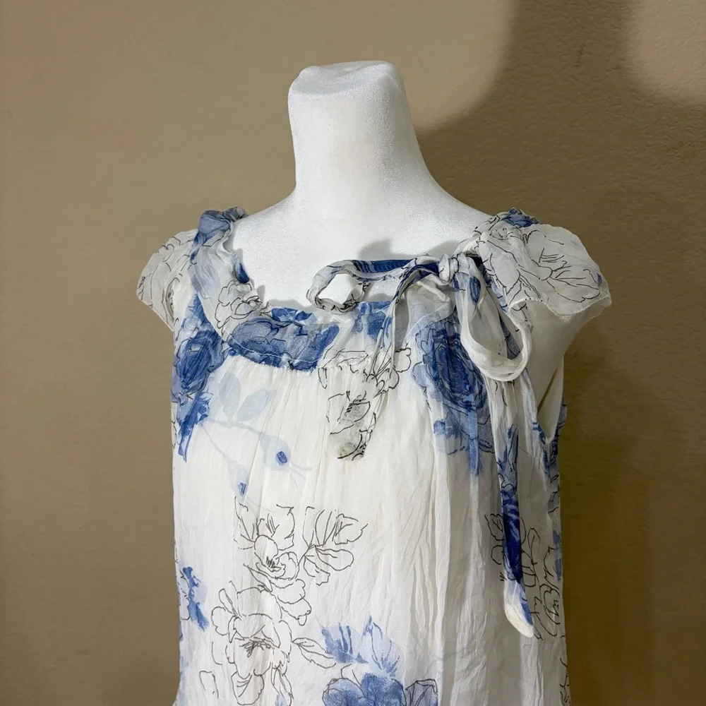 Guisy Made In Italy Top Sz S  Women's White Blue Floral Silk Lined Cottagecore - Picture 2 of 10